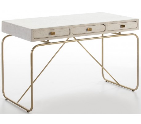 Billede af Skrivebord med 3 skuffer i metal og træ 120 x 60 cm - Antik hvid/Antik guld