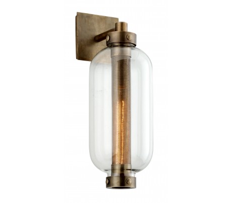 Se Atwater væglampe i stål og glas H46 cm 1 x E27 - Antik messing/Klar hos Lepong.dk