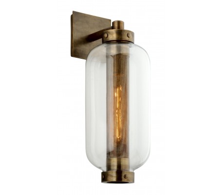 Se Atwater væglampe i stål og glas H61 cm 1 x E27 - Antik messing/Klar hos Lepong.dk
