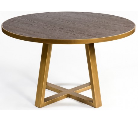 Rundt spisebord i egetræ og metal Ø130 cm - Antik guld/Rustik brun