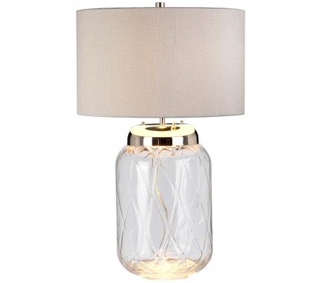 Se Sola Bordlampe i glas og tekstil H68 cm 1 x E27 + 1 x GU10 LED - Klar/Sølvgrå hos Lepong.dk