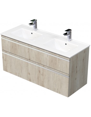 Se BRAVE Komplet badmiljø med dobbelt håndvask B121 cm Keramik og MDF - Lys eg hos Lepong.dk