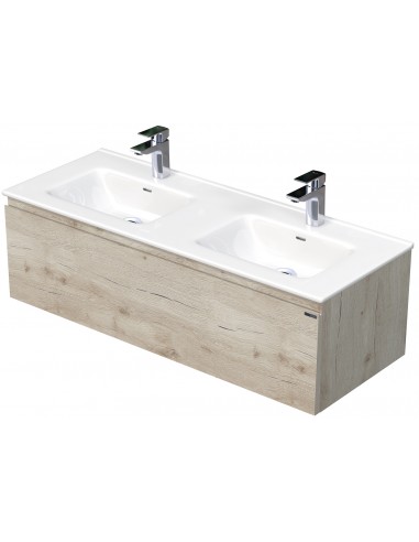 Se LETTY Komplet badmiljø med dobbelt håndvask B121 cm Keramik og MDF - Lys eg hos Lepong.dk