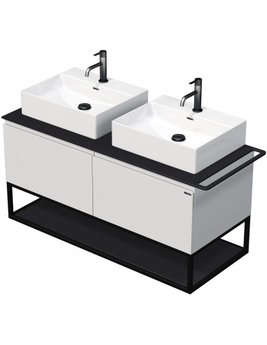 Se TARA Komplet badmiljø med 2 håndvaske B128 cm Keramik, HPL og MDF - Sort/Mat hvid hos Lepong.dk