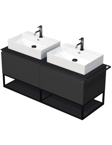 Se TARA Komplet badmiljø med 2 håndvaske B148 cm Keramik, HPL og MDF - Sort/Mat antracit hos Lepong.dk
