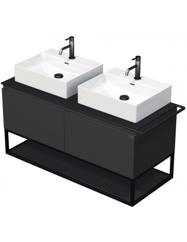 Se TARA Komplet badmiljø med 2 håndvaske B128 cm Keramik, HPL og MDF - Sort/Mat antracit hos Lepong.dk