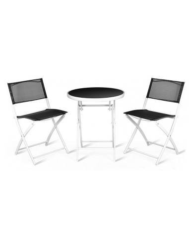 Se Sammenklappeligt bistrosæt med 2 stole og 1 bord i stål og glas - Hvid/Sort hos Lepong.dk