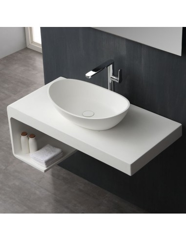 Se Bordmonteret oval håndvask i solid stone 56 x 35 cm - Blank hvid hos Lepong.dk