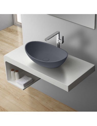 Se Bordmonteret oval håndvask i solid stone 56 x 35 cm - Mat betongrå hos Lepong.dk