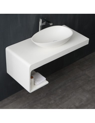Se Bordmonteret håndvask i solid stone 59,5 x 35 cm - Blank hvid hos Lepong.dk