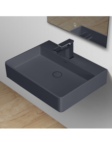 Se Vægmonteret håndvask m/hanehul i solid stone 60 x 46 cm - Mat betongrå hos Lepong.dk
