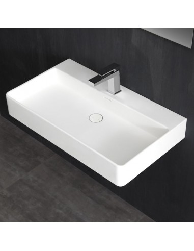 Billede af Vægmonteret håndvask m/hanehul i solid stone 80 x 46 cm - Blank hvid