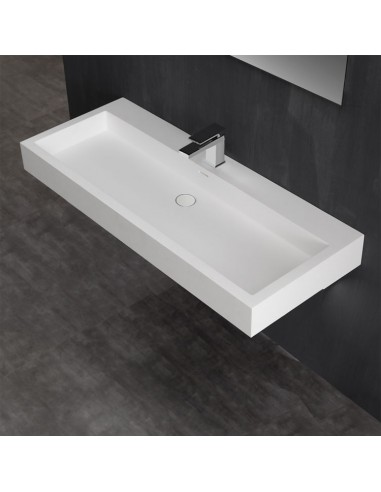 Se Vægmonteret håndvask m/hanehul i solid stone 120 x 48 cm - Blank hvid hos Lepong.dk