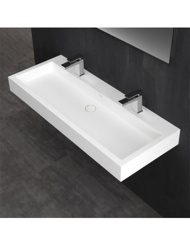 Billede af Vægmonteret håndvask m/hanehuller i solid stone 120 x 48 cm - Blank hvid