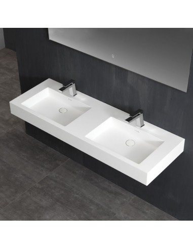 Billede af Vægmonteret dobbelt håndvask m/hanehuller i solid stone 140 x 48 cm - Mat hvid