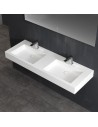 Vægmonteret dobbelt håndvask m/hanehuller i solid stone 140 x 48 cm - Blank hvid