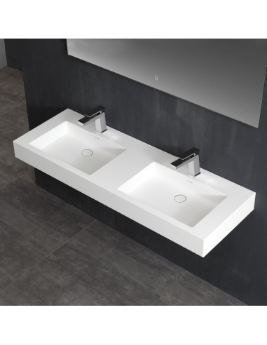 Billede af Vægmonteret dobbelt håndvask m/hanehuller i solid stone 160 x 48 cm - Mat hvid