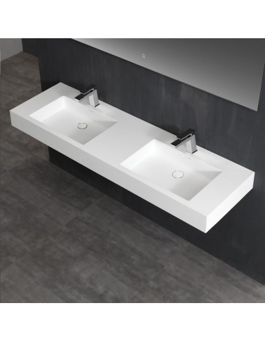 Billede af Vægmonteret dobbelt håndvask m/hanehuller i solid stone 160 x 48 cm - Blank hvid