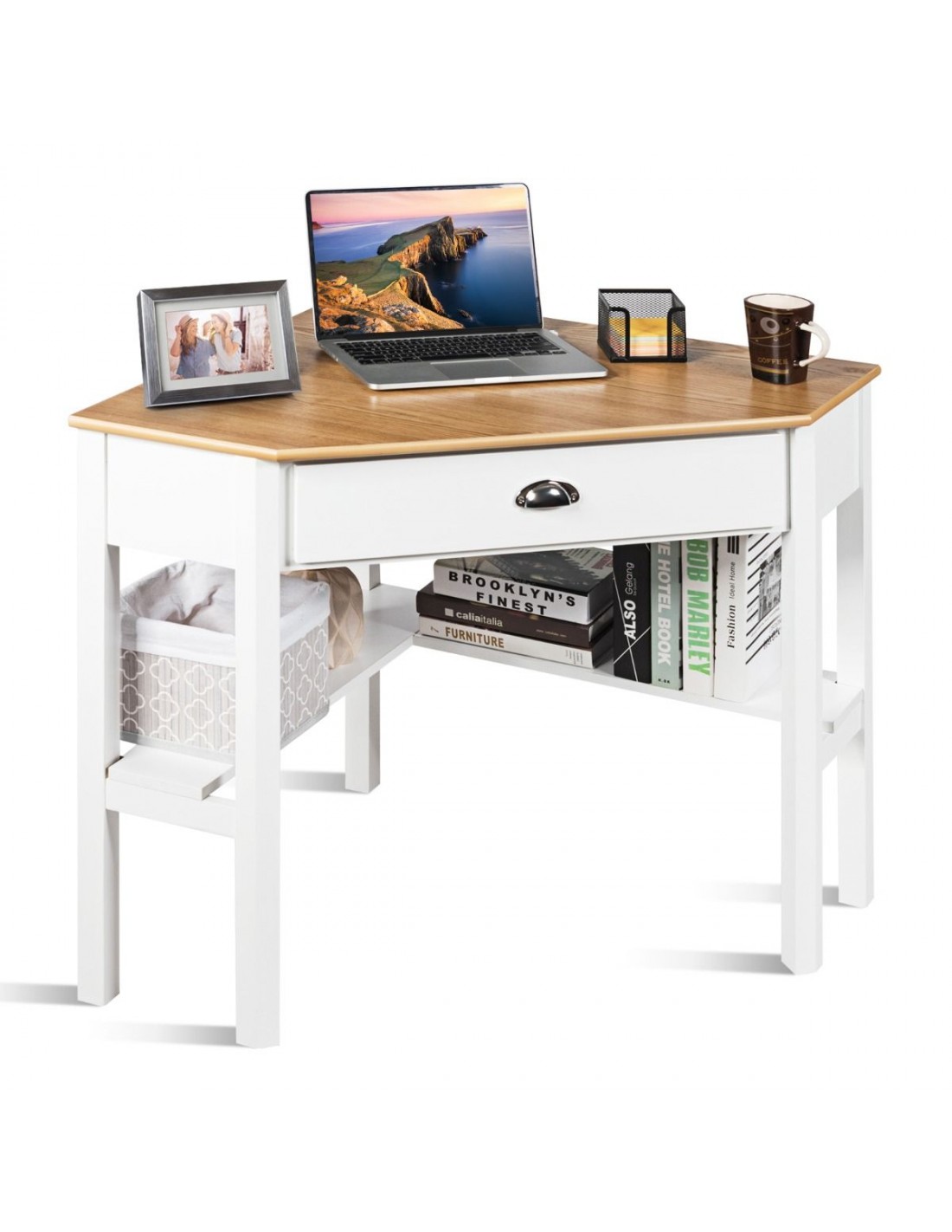 skrivebord i MDF og møbelplade 75 75 cm - Hvid/Natur
