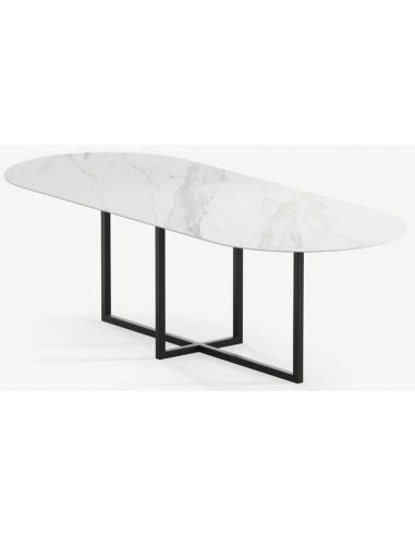 Se Gustaf ultrathin ovalt spisebord i stål og keramik 200 x 90 cm - Sort/Calacatta hos Lepong.dk