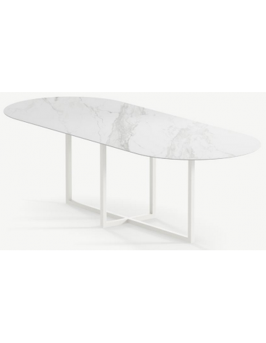 Se Gustaf ultrathin ovalt spisebord i stål og keramik 180 x 90 cm - Månehvid/Calacatta hos Lepong.dk
