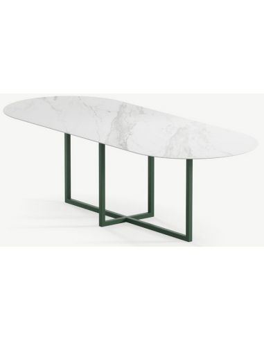 Se Gustaf ultrathin ovalt spisebord i stål og keramik 180 x 90 cm - Skovgrøn/Calacatta hos Lepong.dk