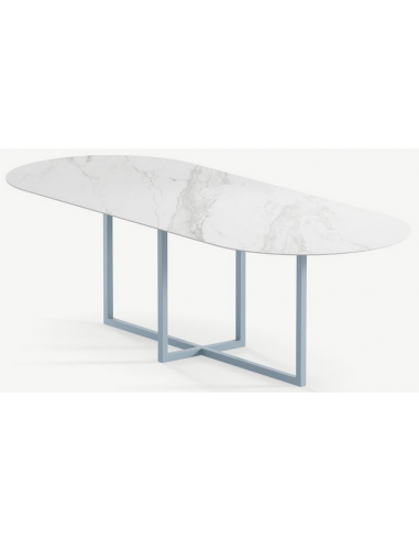 Se Gustaf ultrathin ovalt spisebord i stål og keramik 200 x 90 cm - Gråblå/Calacatta hos Lepong.dk