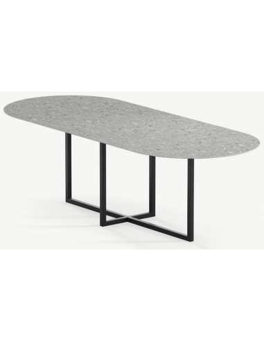 Se Gustaf ultrathin ovalt spisebord i stål og keramik 180 x 90 cm - Sort/Granit grå hos Lepong.dk