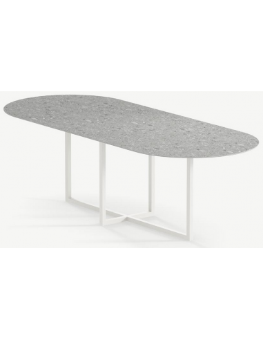 Se Gustaf ultrathin ovalt spisebord i stål og keramik 180 x 90 cm - Månehvid/Granit grå hos Lepong.dk