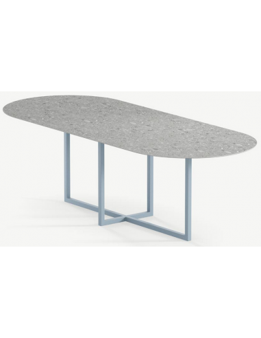 Se Gustaf ultrathin ovalt spisebord i stål og keramik 180 x 90 cm - Gråblå/Granit grå hos Lepong.dk