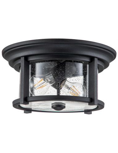 Se Merrill Udendørs loftlampe i stål og glas Ø33 cm 2 x E27 - Mat sort/Klar med dråbeeffekt hos Lepong.dk