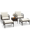 Loungesæt med 2 stole, 2 skamler og 1 bord i polyrattan og polyester - Mørkebrun/Beige