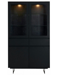 vitrineskab i sort egetræ med lys der kan dæmpes