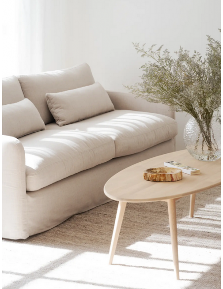 sofa til 3 personer i lys beige stof komfortabel design