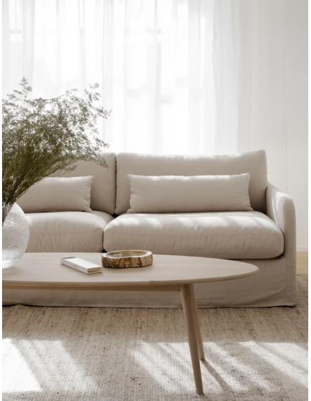 sofa til 3 personer i lys beige stof komfortabel design