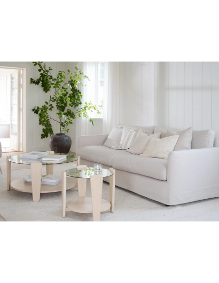 sofa til 3 personer i lys beige stof komfortabel design