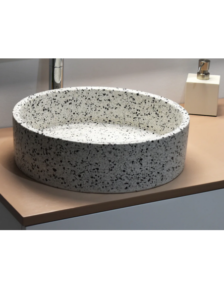 rund håndvask terrazzo beton betonvask vask bordmonteret bordplade