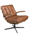 Lænestol med drejefod i stål, valnøddefinér og ægte læder H85 cm - Sort metallic/Valnød/Mørkebrun