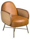 Lænestol i stål, valnøddefinér, rattan og ægte læder H80 cm - Guldmetallic/Valnød/Natur/Brun