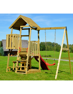 legehus klatretårn rutsjebane legetårn udendørs legetøj udeleg træ gyngestativ