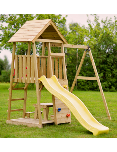 legehus klatretårn rutsjebane legetårn udendørs legetøj udeleg træ gyngestativ