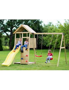 legehus klatretårn rutsjebane legetårn udendørs legetøj udeleg træ gyngestativ