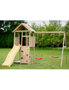 legehus klatretårn rutsjebane legetårn udendørs legetøj udeleg træ gyngestativ