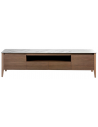 Tvbord med 2 skabe og 2 skuffer i glas og valnøddefinér H51 x B200 x D45 cm - Valnød/Hvid marmor