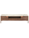 Tvbord med 2 skabe og 1 skuffe i glas og valnøddefinér H50 x B180 x D45 cm - Valnød/Hvid marmor