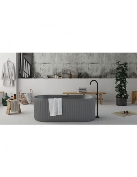 fritstående badekar mat grå beton solid surface sten ovalt fristående 170