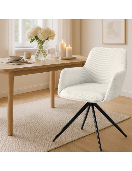 Spisebordsstol stof fløjl med armlæn og drejefod drejefunktion creme beige
