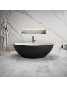 fritstående badekar mat sort hvidt solid surface sten ovalt fristående 170 180