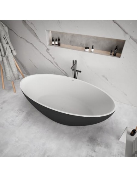 fritstående badekar mat sort hvidt solid surface sten ovalt fristående 170 180