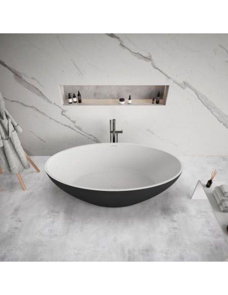 fritstående badekar mat sort hvidt solid surface sten ovalt fristående 170 180
